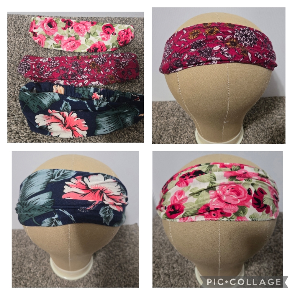 3-Floral Wide Cloth Headbands Boho, New In Package
